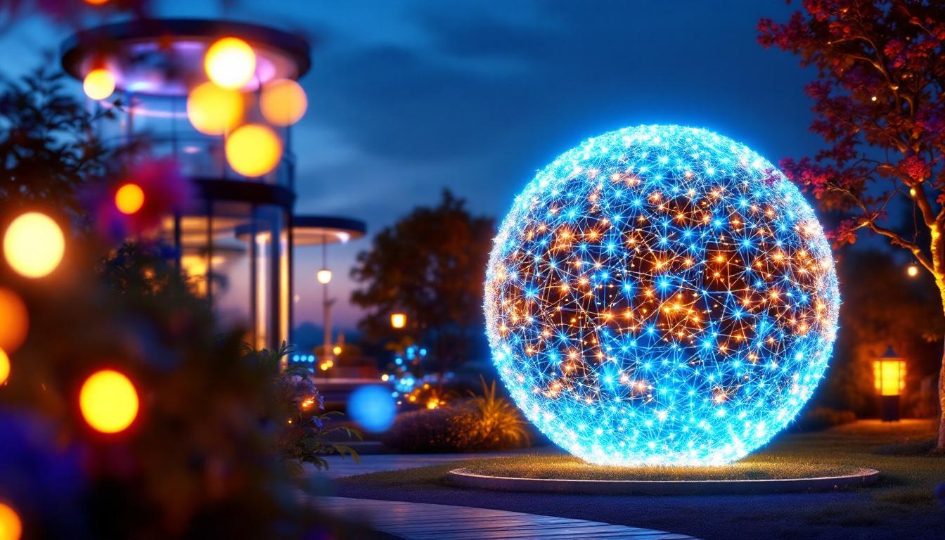 A photograph of a beautifully illuminated large sphere outdoor light installation at dusk