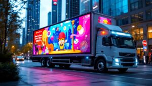 A photograph of a vibrant mobile truck featuring a large