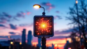 A photograph of capture a photograph of a street light featuring an led display at dusk