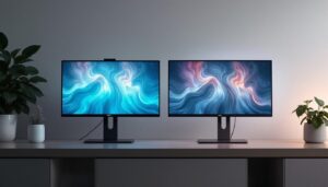 A photograph of a side-by-side comparison of an led display and an lcd display