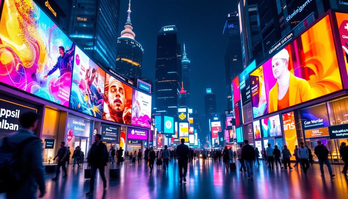A photograph of a vibrant led display in a busy dubai setting