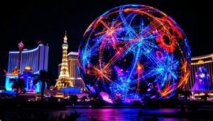 A photograph of capture a photograph of the vegas sphere's stunning led display at night