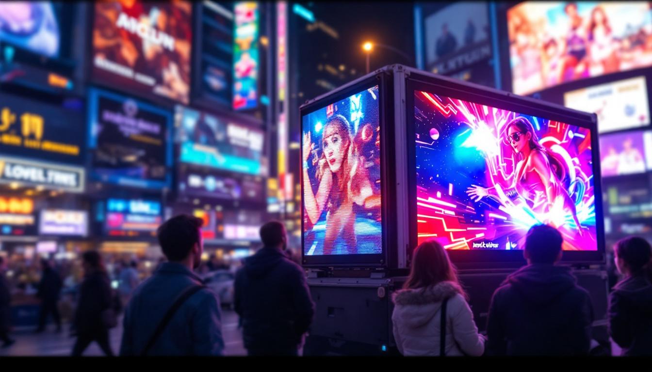 A photograph of capture a photograph of a vibrant outdoor scene featuring a mobile led display in action