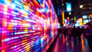 A photograph of a vibrant led display showcasing dynamic colors and patterns