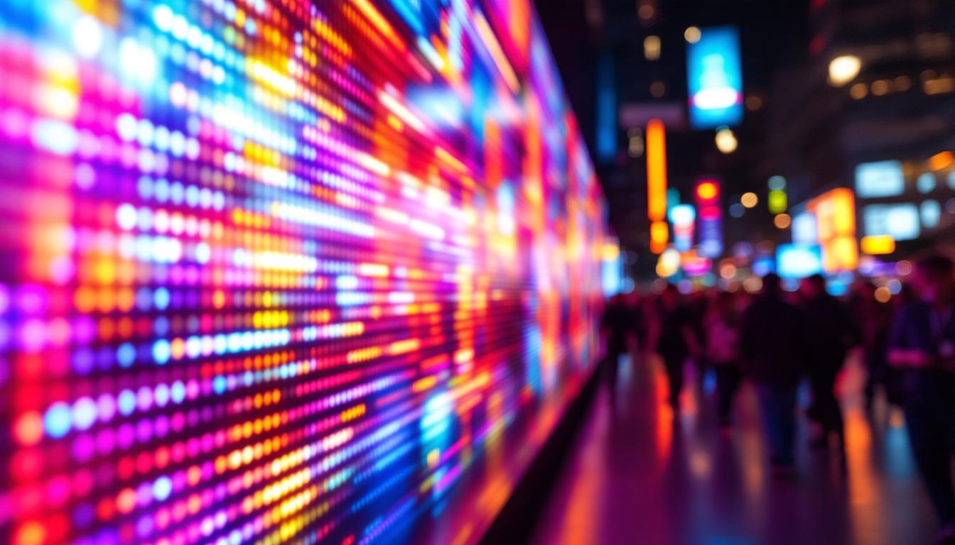 A photograph of a vibrant led display showcasing dynamic colors and patterns