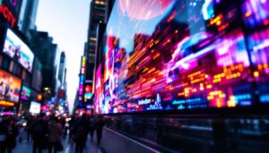 A photograph of a vibrant led display in a bustling urban setting