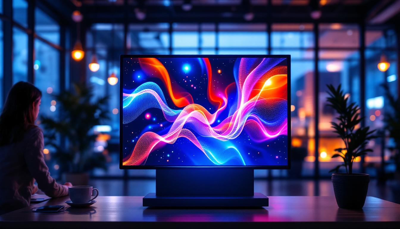 A photograph of a vibrant mini led screen display showcasing dynamic visuals or graphics in a modern setting