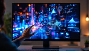 A photograph of a sleek touch screen monitor displaying vibrant led visuals