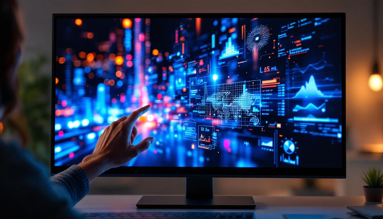 A photograph of a sleek touch screen monitor displaying vibrant led visuals