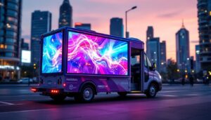 A photograph of a vibrant mobile vehicle equipped with an eye-catching led display showcasing dynamic advertisements in an urban setting