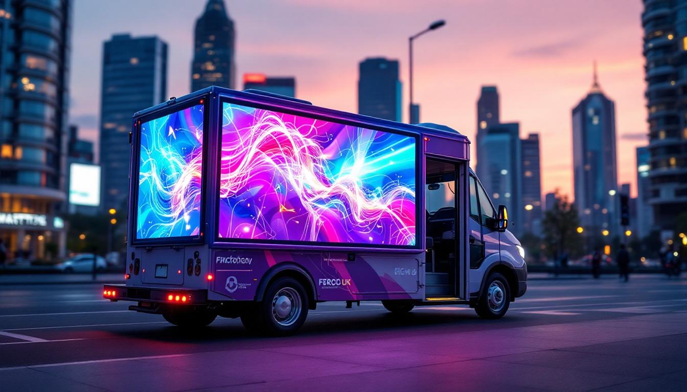 A photograph of a vibrant mobile vehicle equipped with an eye-catching led display showcasing dynamic advertisements in an urban setting