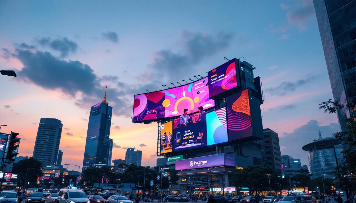 A photograph of capture a photograph of a vibrant digital billboard in kuala lumpur at dusk