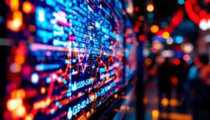 A photograph of a close-up shot of a vibrant led display showcasing a dynamic image or video