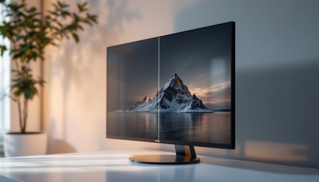 A photograph of a side-by-side comparison of an led display with dynamic contrast ratio settings both on and off