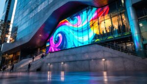 A photograph of capture a photograph of a modern architectural facade featuring a large led display integrated into the design