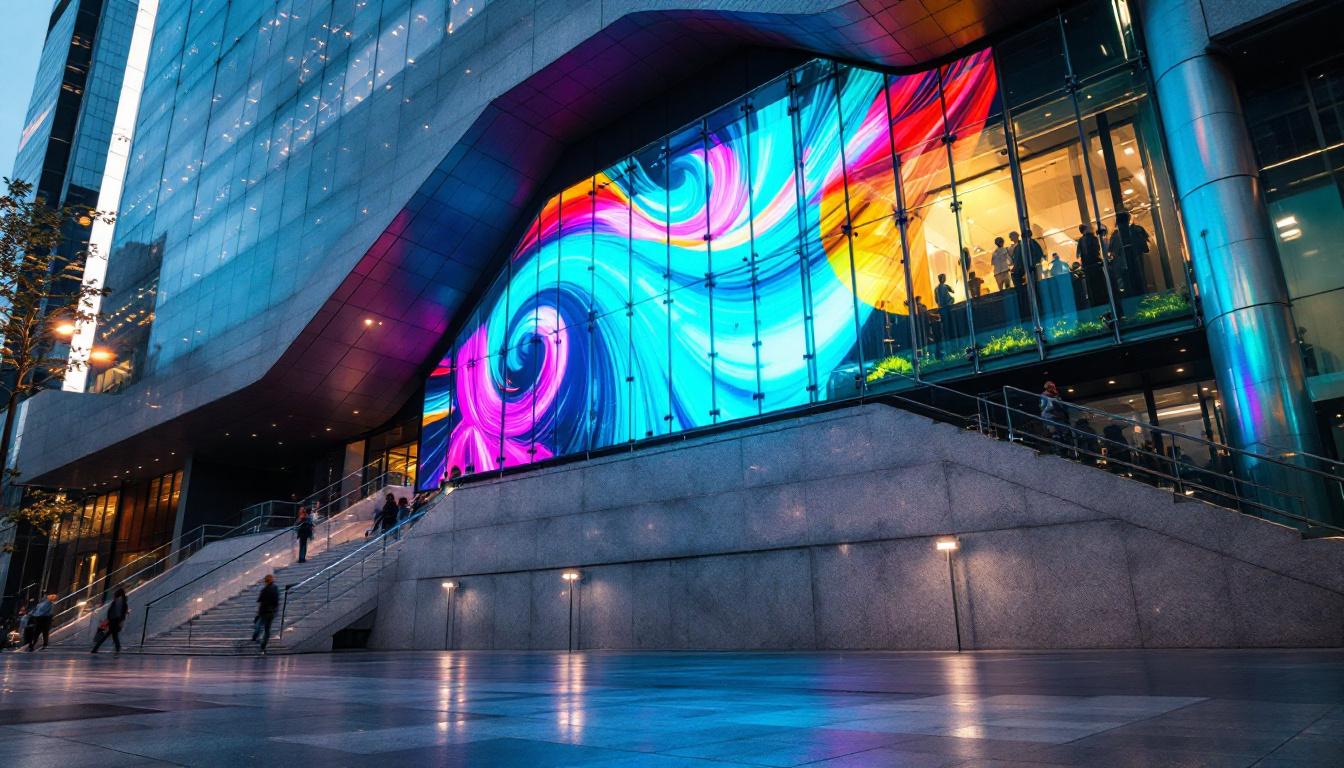 A photograph of capture a photograph of a modern architectural facade featuring a large led display integrated into the design