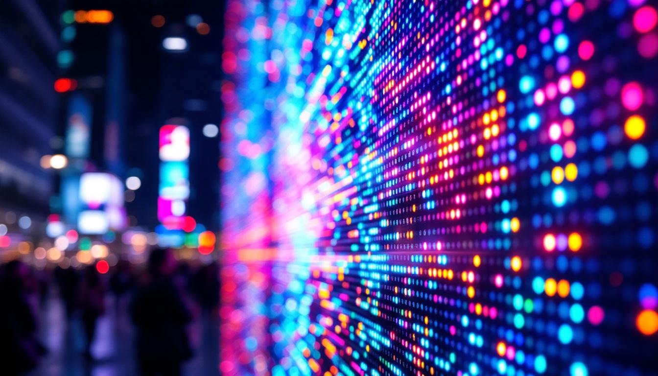 A photograph of a vibrant led display showcasing a dynamic array of colorful dots and patterns