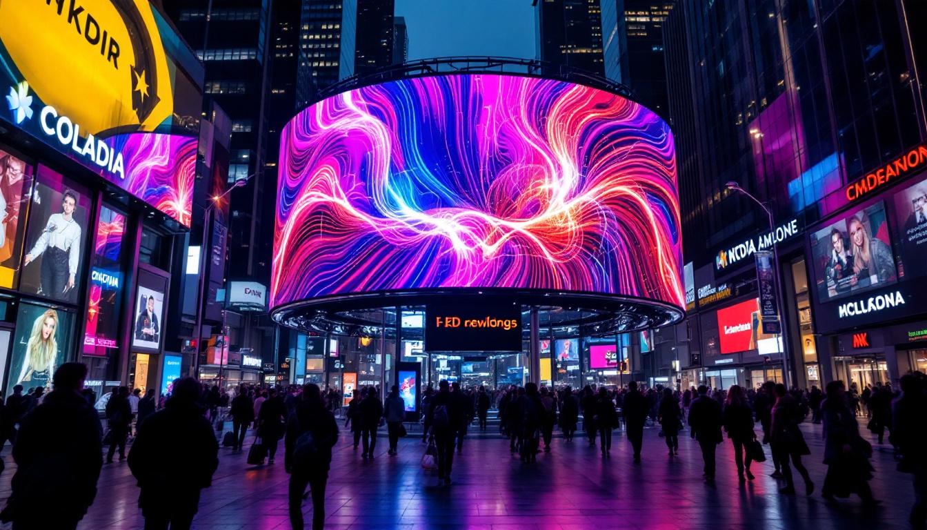 A photograph of a vibrant led display in a bustling urban environment