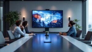 A photograph of a modern conference room featuring a large led display in use
