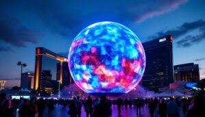 A photograph of capture a photograph of the sphere in las vegas at dusk