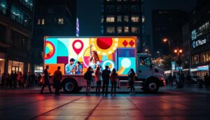 A photograph of a vibrant mobile truck featuring a large led display in an urban setting