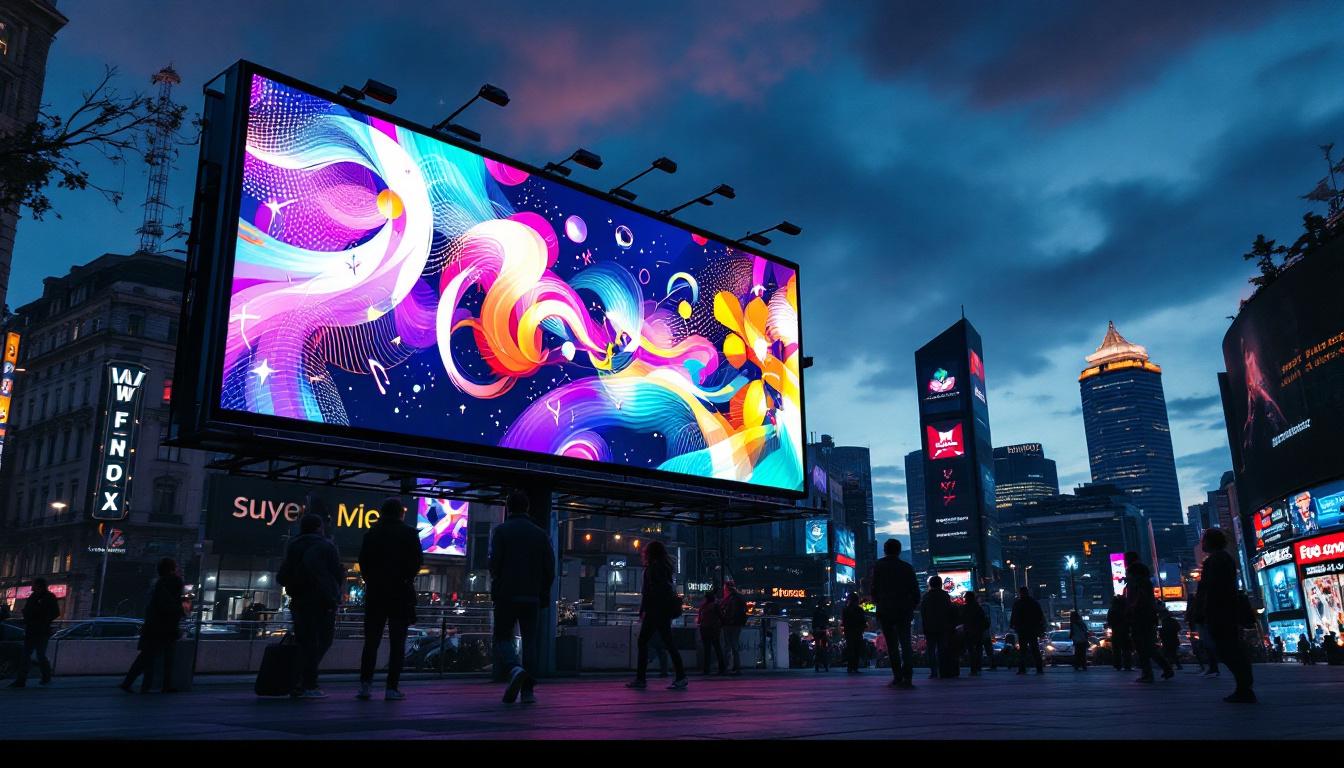 A photograph of a vibrant led billboard in an urban setting at dusk