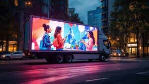 A photograph of capture a photograph of a vibrant mobile billboard truck with an illuminated led display actively showcasing an advertisement in an urban setting