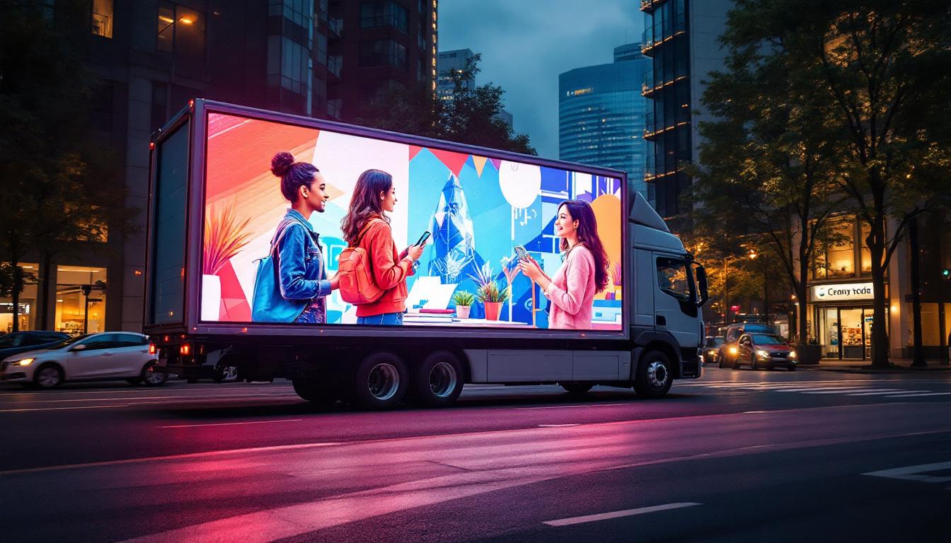 A photograph of capture a photograph of a vibrant mobile billboard truck with an illuminated led display actively showcasing an advertisement in an urban setting