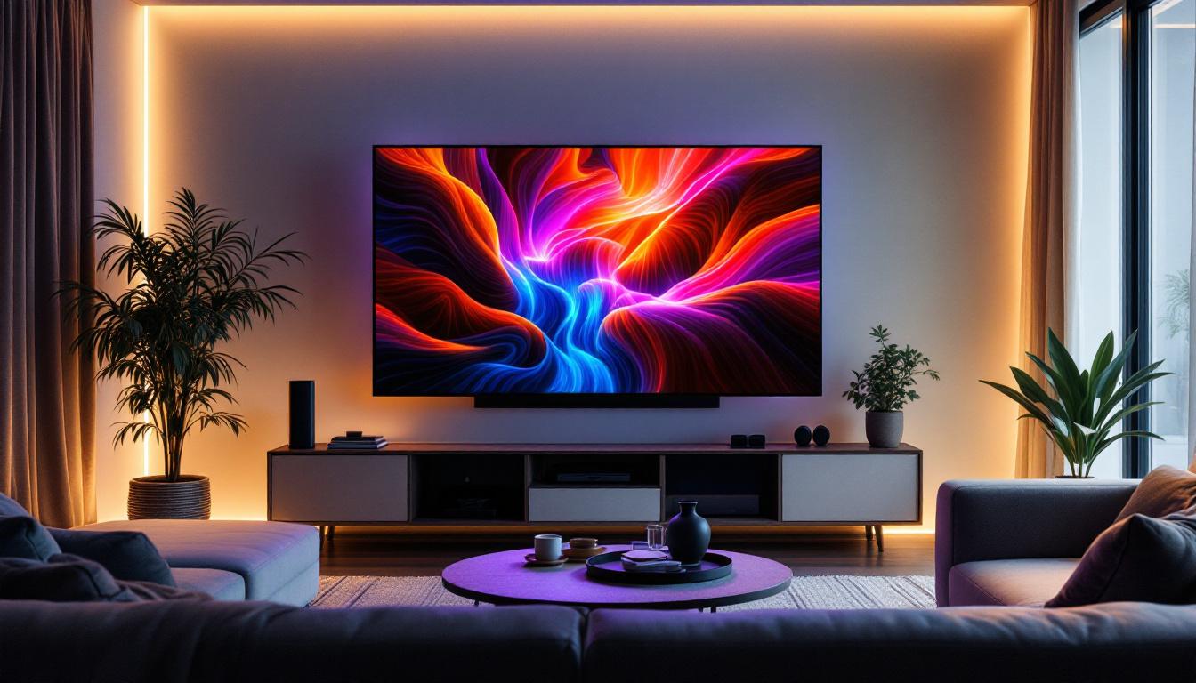 A photograph of a sleek absen home cinema setup featuring a vibrant led display in a cozy living room environment