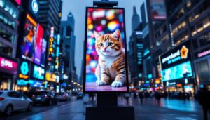A photograph of a vibrant led display showcasing an eye-catching advertisement featuring a playful cat