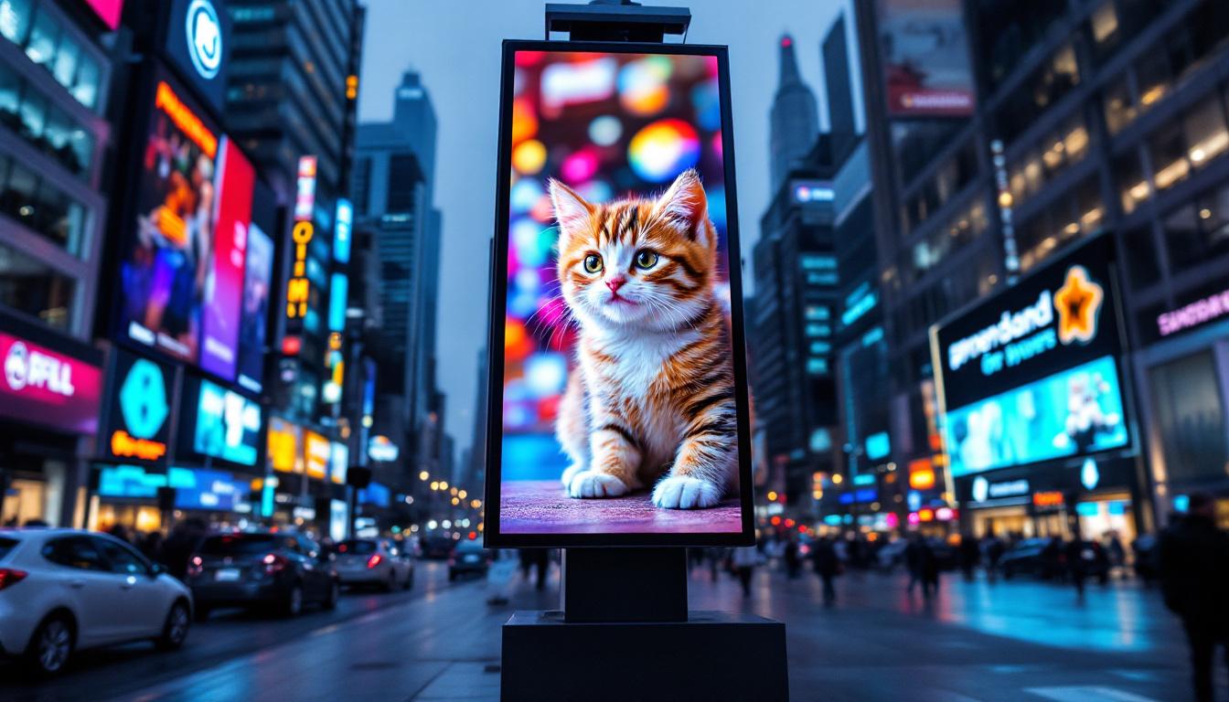 A photograph of a vibrant led display showcasing an eye-catching advertisement featuring a playful cat