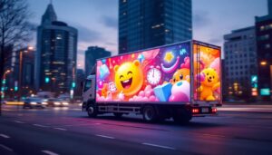 A photograph of a vibrant side view of a truck displaying an eye-catching led billboard