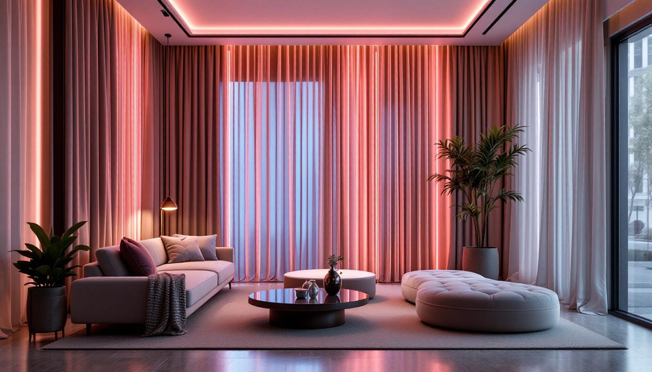 A photograph of a stylish interior space featuring modular curtains with integrated led displays