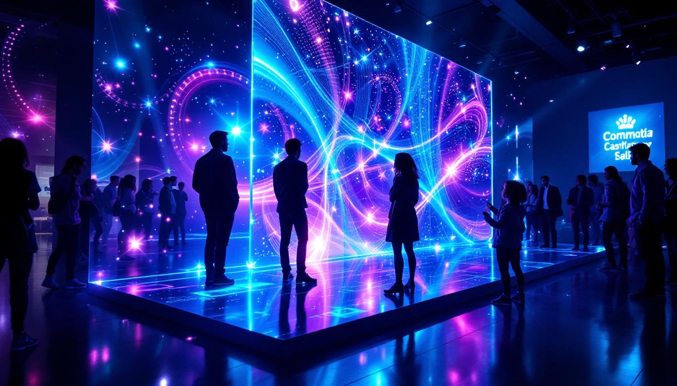 A photograph of a vibrant holographic led display in an engaging environment