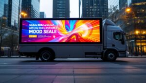 A photograph of a vibrant mobile billboard truck featuring a dynamic led display in an urban setting