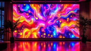 A photograph of a vibrant led display showcasing dynamic colors and patterns in a modern setting