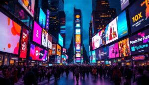 A photograph of capture a photograph of the vibrant led billboards in times square at dusk
