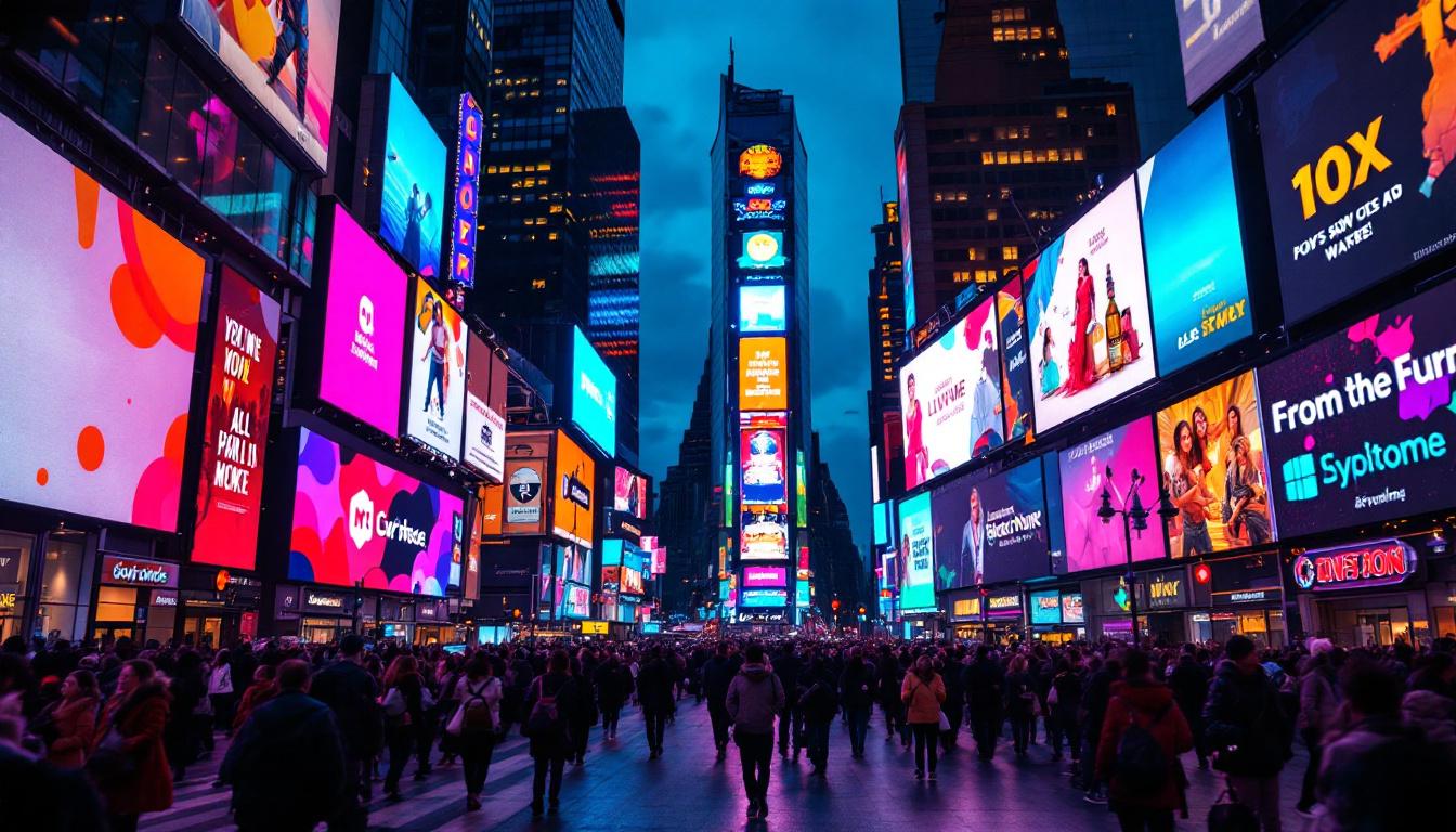 A photograph of capture a photograph of the vibrant led billboards in times square at dusk