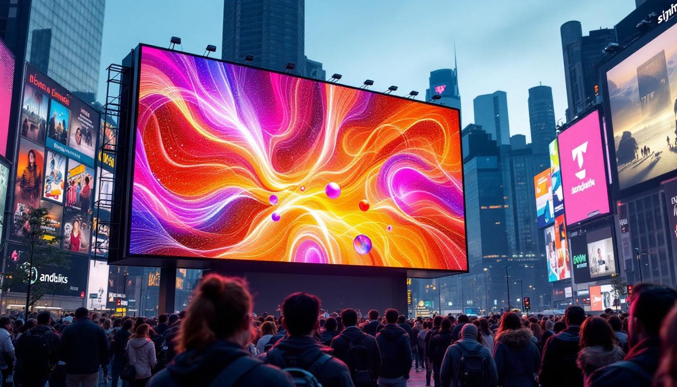 A photograph of capture a photograph of a vibrant led display in a bustling urban setting