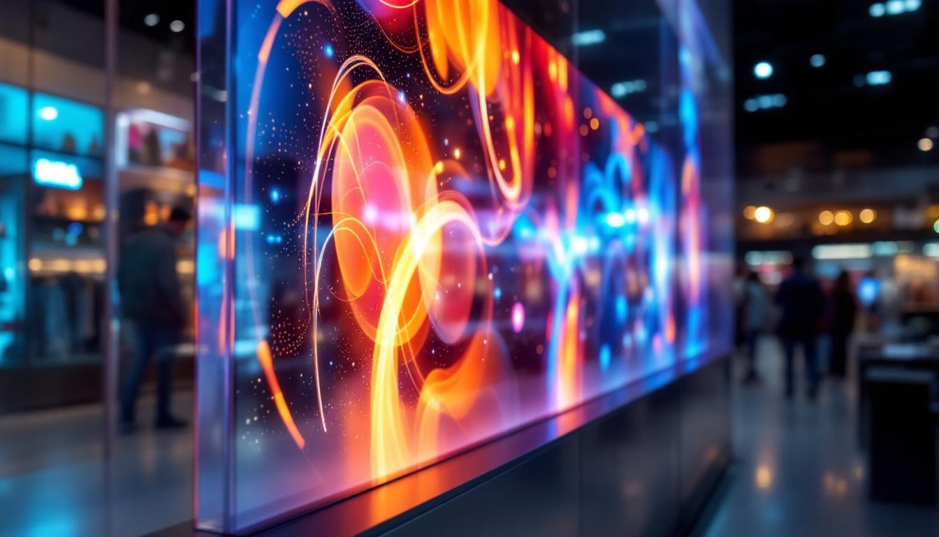 A photograph of a transparent led display film being used in a modern retail environment