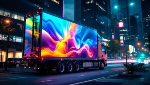 A photograph of a vibrant billboard truck parked in an urban setting