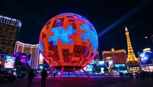 A photograph of capture a photograph of the vibrant led display of the vegas dome eyeball at night