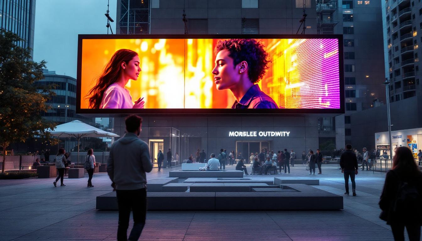 A photograph of a vibrant outdoor setting featuring a large led display showcasing dynamic advertisements