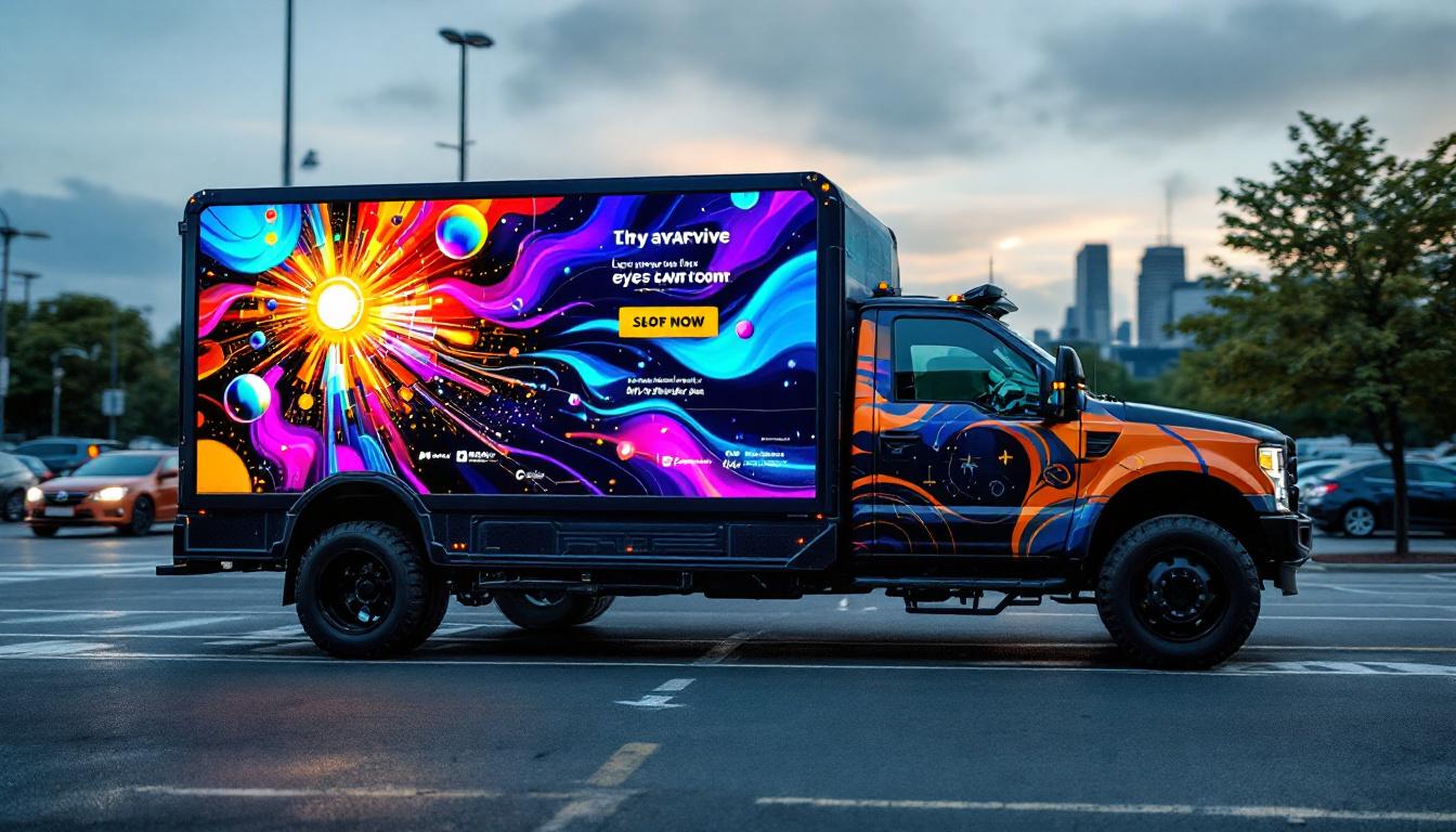 A photograph of a vibrant pickup truck featuring a dynamic led display showcasing eye-catching advertisements