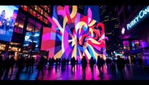 A photograph of a vibrant led display in an urban setting of portland