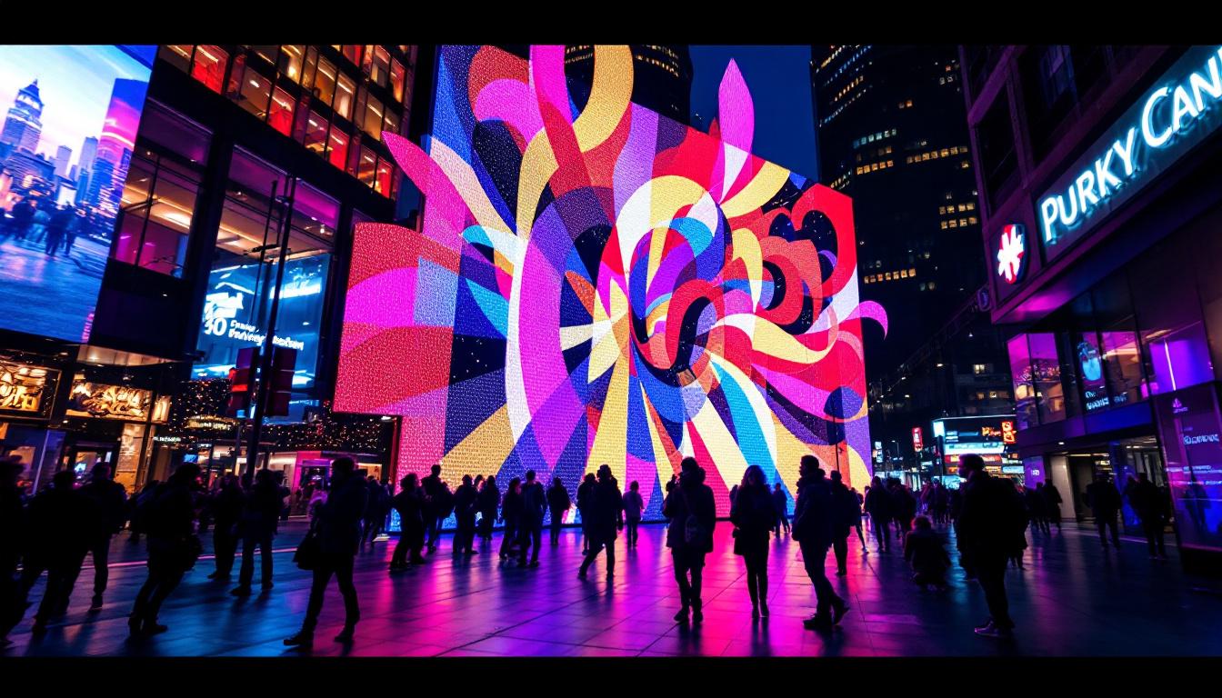 A photograph of a vibrant led display in an urban setting of portland