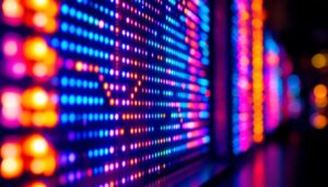 A photograph of a vibrant led display lamp in a dimly lit environment