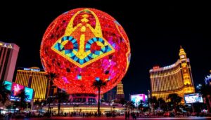A photograph of the big ball in las vegas at night