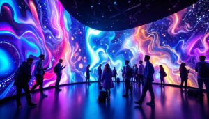A photograph of a vibrant 360-degree led display in an engaging environment