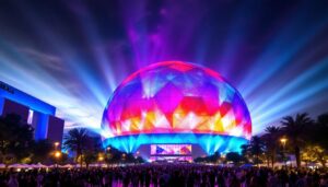A photograph of the big dome in las vegas illuminated at night